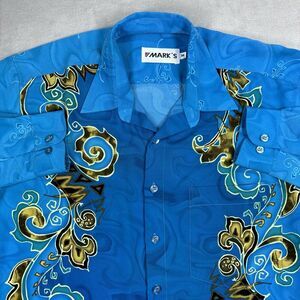 True Vintage 1960s Shirt Disco Dagger Collar Polyester Novelty Print Mark's Blue